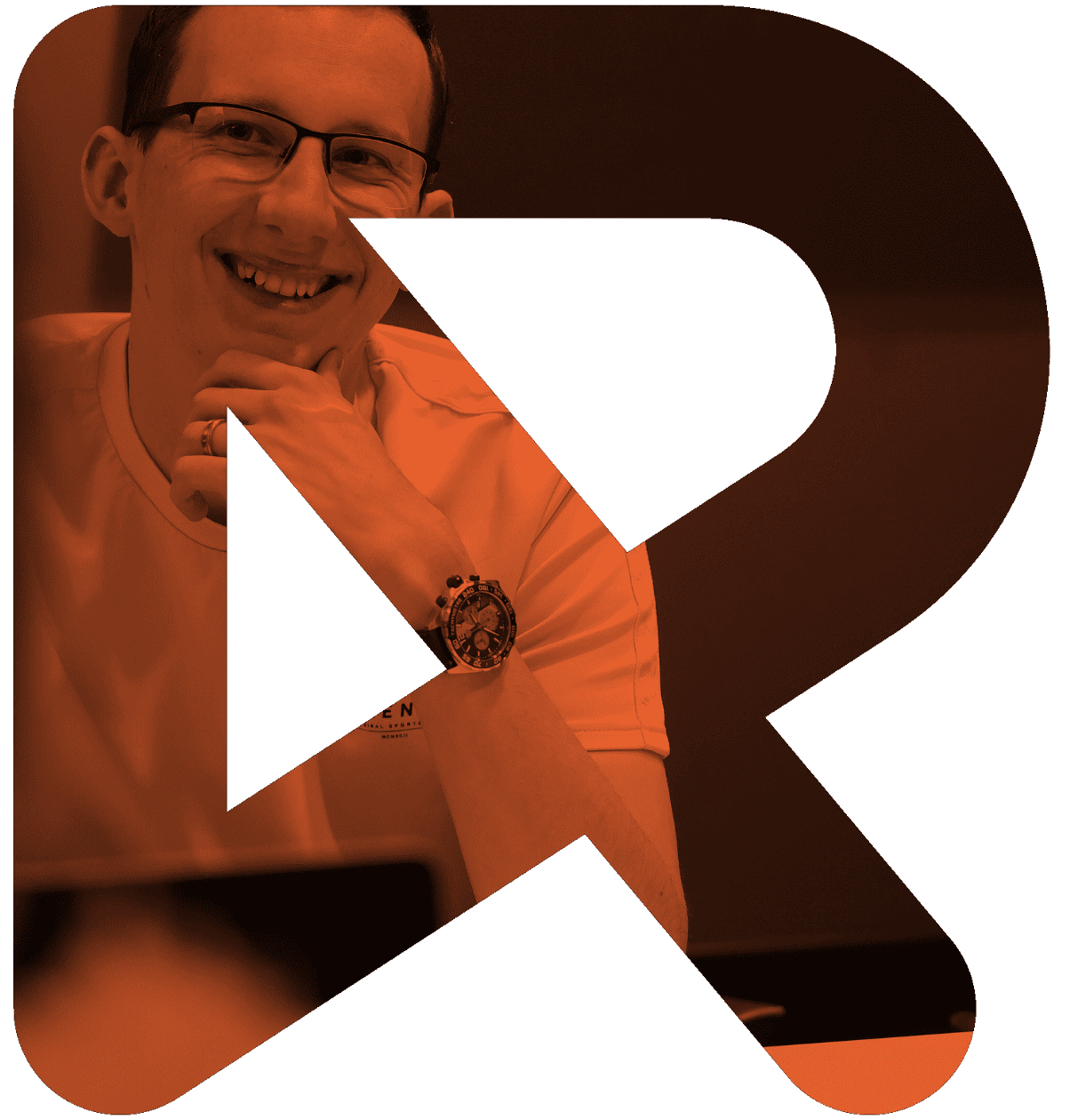 routes R logo with cutout of happy employee and orange overlay